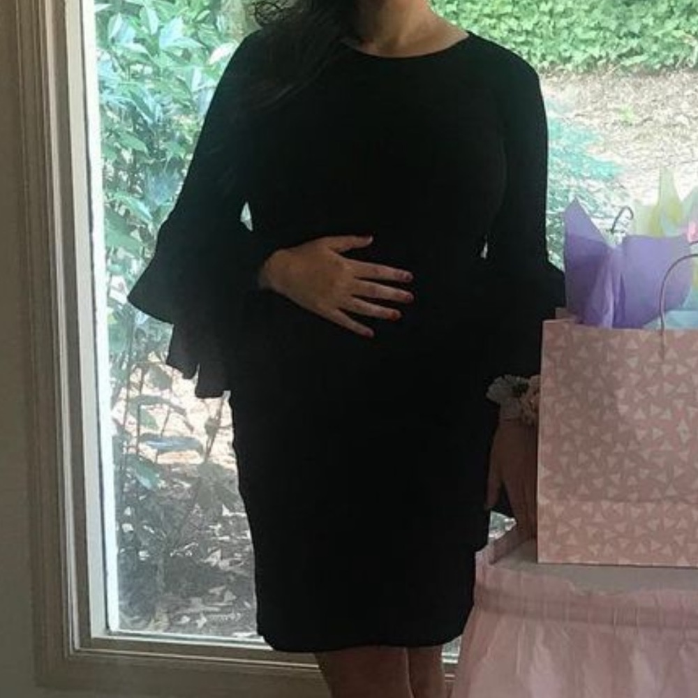 Black rubbed maternity dress with statement sleeve